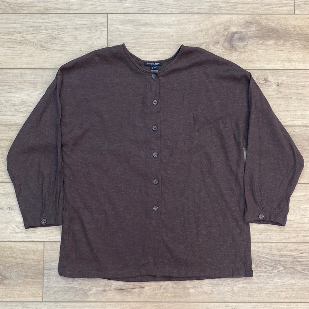 Anthro Wooden Ships Knit Linen Button Front Tunic Lagenlook Forest Minimalist
